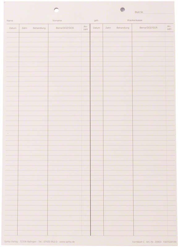Krankenblatt C DIN A5 für Zahnarztpraxis mit strukturiertem Formularlayout.