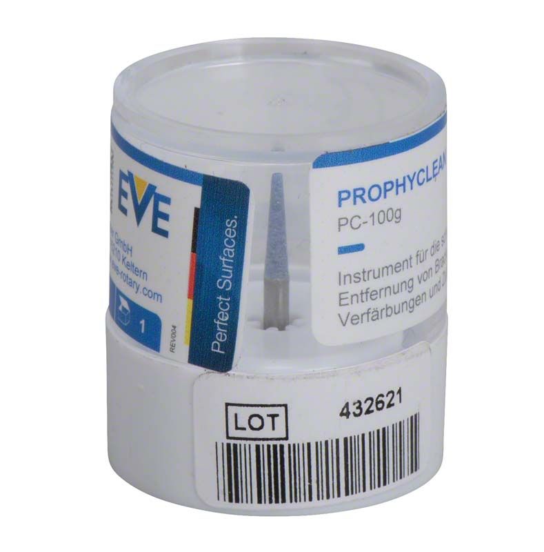 Transparente Verpackung der EVE PROPHYCLEAN® Spitze PC100G mit sichtbarem Barcode.