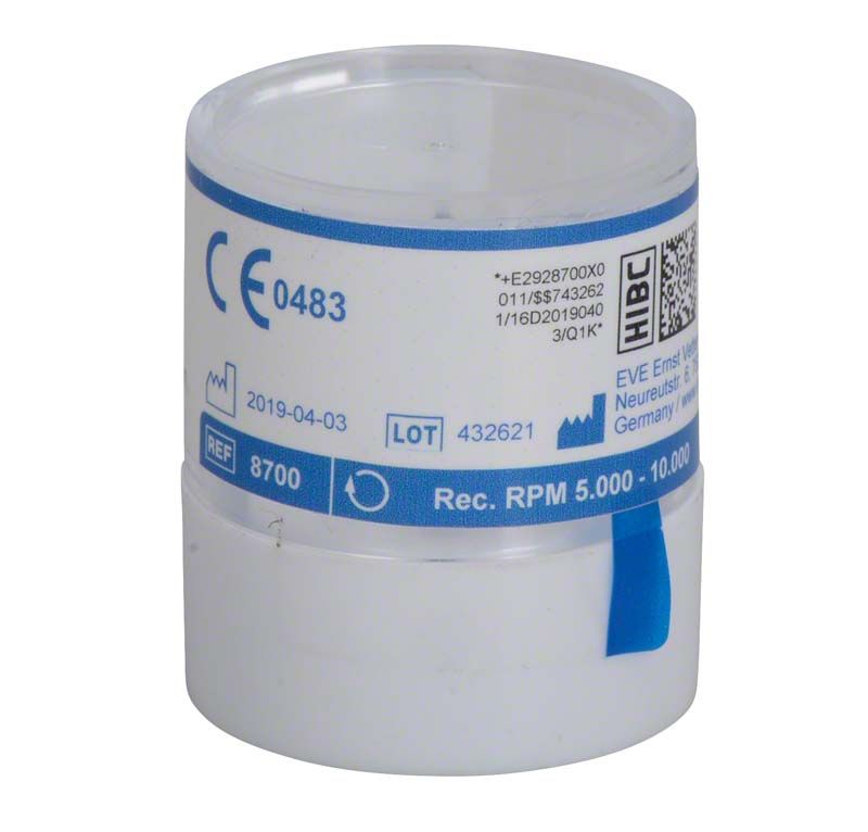 EVE PROPHYCLEAN® blaue Spitze PC100G in weißer Kunststoffverpackung.