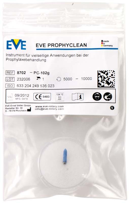 Transparente Verpackung des EVE PROPHYCLEAN® Torpedo, grob, mit Produktinformationen.