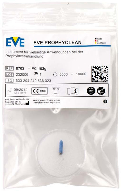 Transparente Verpackung des EVE PROPHYCLEAN® Torpedo, grob, mit Produktinformationen.