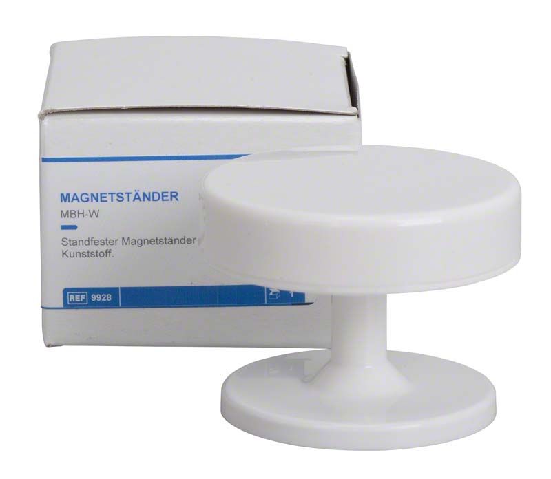 EVE Magnetständer weiß neben Produktverpackung, aus Kunststoff gefertigt.