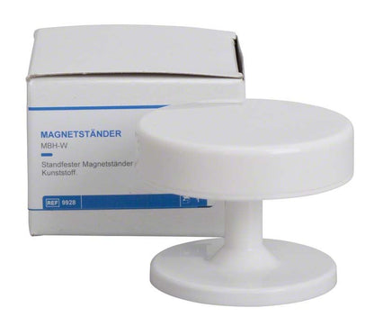 EVE Magnetständer weiß neben Produktverpackung, aus Kunststoff gefertigt.