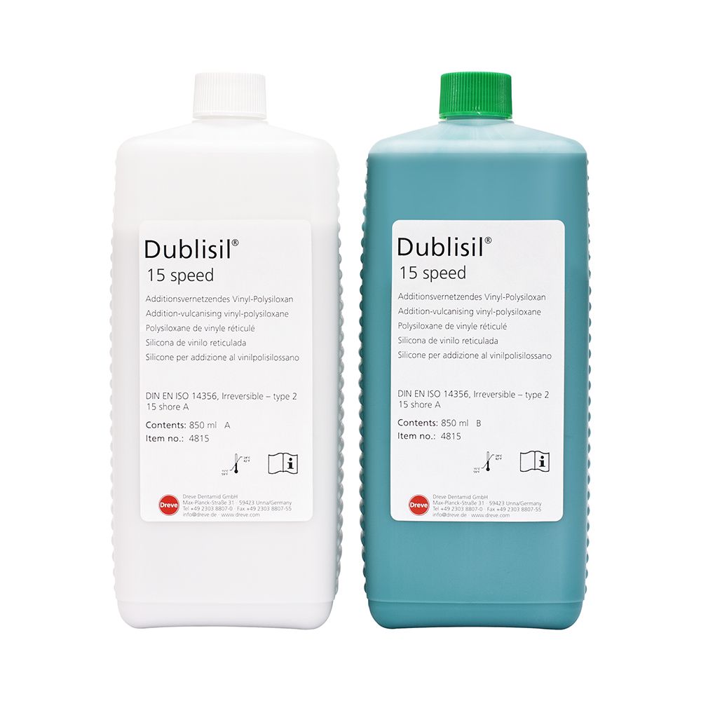 Zwei Flaschen Dublisil® 15 speed, eine weiß und eine blau-grün, 850 ml.