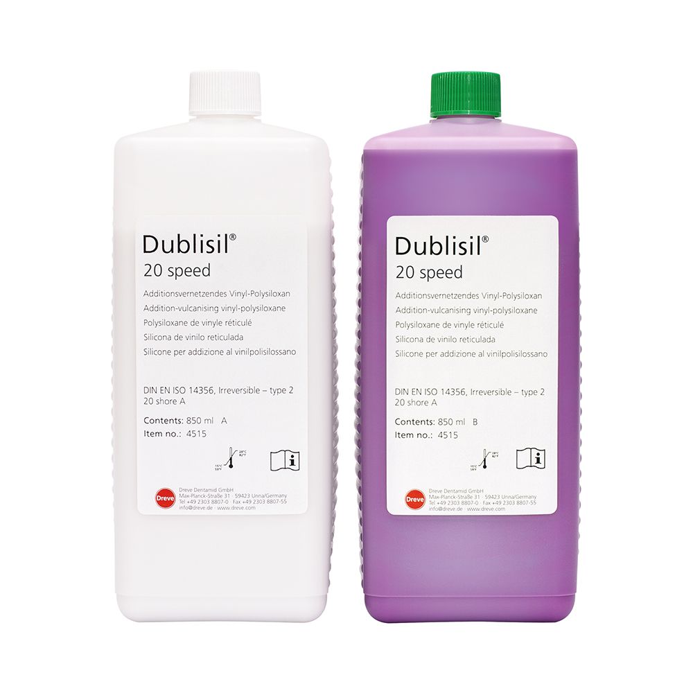 Dublisil® 20 speed Flaschen, weiß und lila, für Zahntechnik.