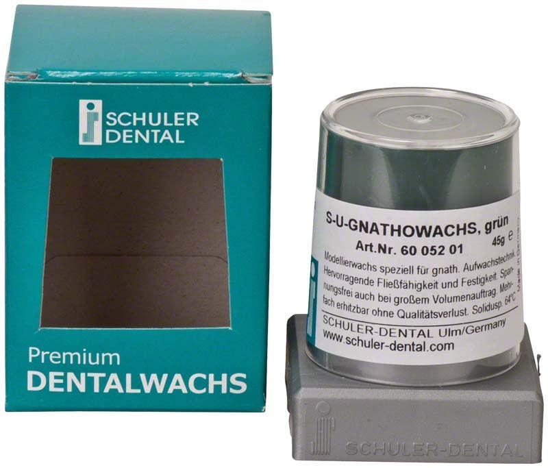 S-U-Gnathowachs grün mit Verpackung und Schuler-Dental-Logo.