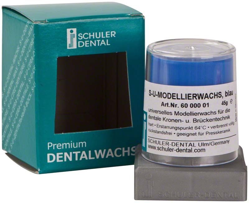 S-U-Modellierwachs blau im Behälter mit Produktetikett von Schuler-Dental.