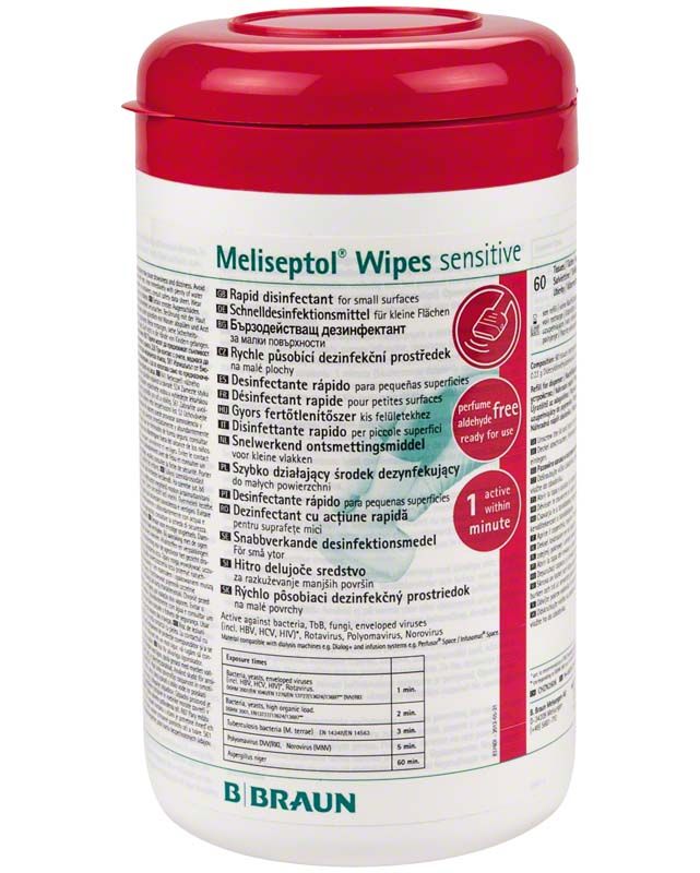 Spenderbox mit Meliseptol® Wipes sensitive und rotem Deckel von B. Braun.