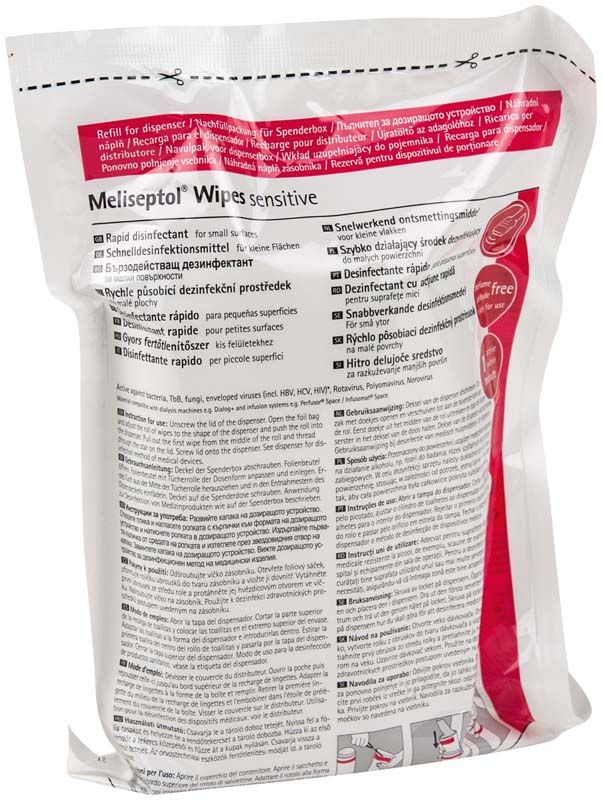 Nachfüllpackung Meliseptol® Wipes sensitive mit mehrsprachiger Anleitung.