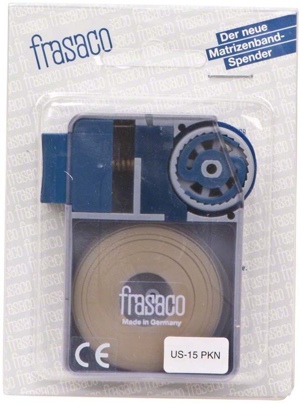 Matrizenband-Spender mit transparentem Matrizenband und Zahnrädern in Verpackung.