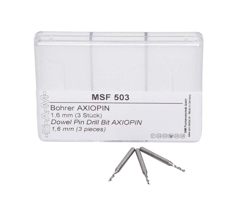 Bohrer Axiopin 1,6mm im Kunststoffetui mit drei Ersatzbohrern.