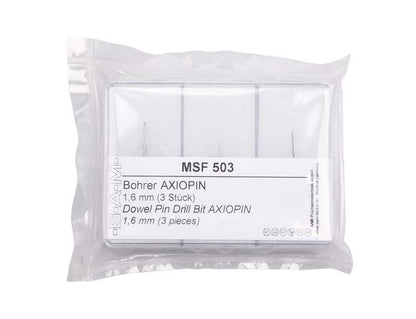 Bohrer Axiopin 1,6mm im transparenten Kunststoffetui, geeignet für Dentaltechnik.