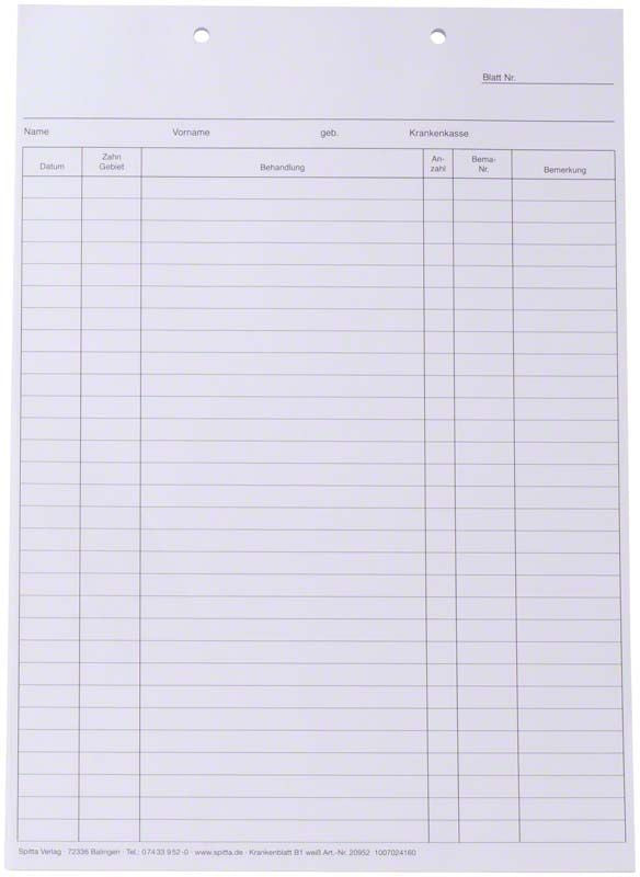 Krankenblatt A5 B1 weiß vom Spitta Verlag für Patientendaten.