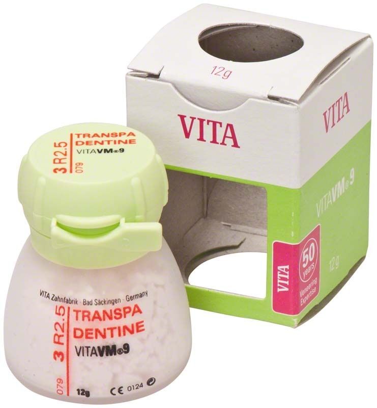 Transpa Dentin VM9 3R2.5, 12g Behälter vor Verpackung.