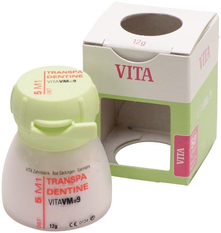 VITA VM9 3D Transpa Dentin 12g Dose neben Verpackung.
