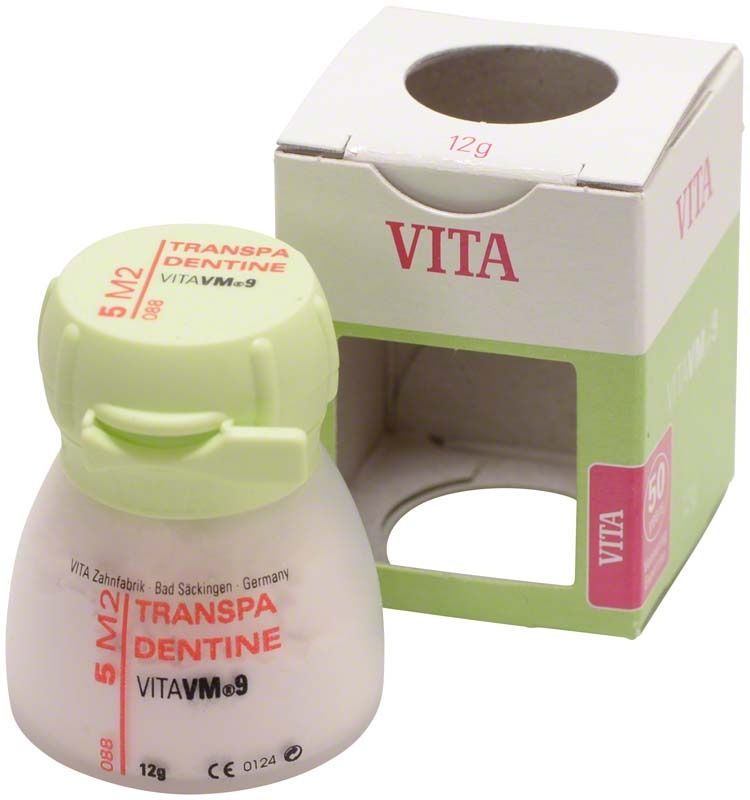 Opakglasur-Behälter mit Aufschrift "VM9 3D Transpa Dentin 12g 5M2".
