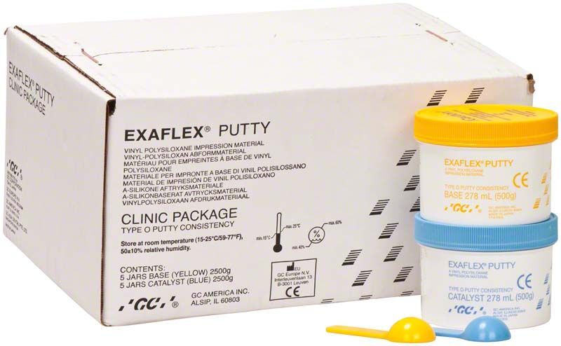Exaflex® Putty Basis und Katalysator in 500g Behältern mit Verpackung.