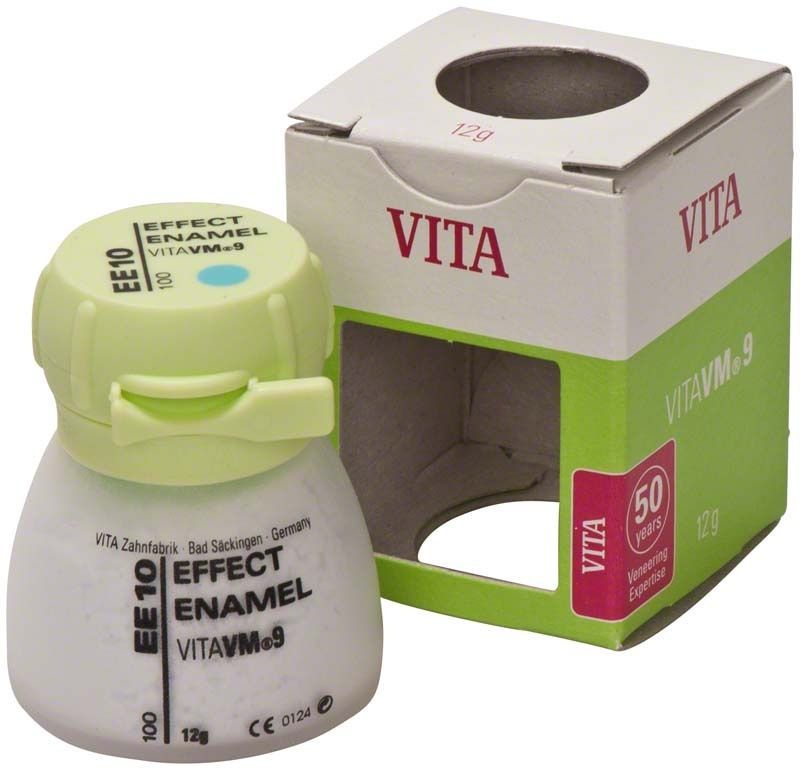 VM9 Effect Enamel 12g EE10 neben geöffneter Verpackung mit VITA-Logo.