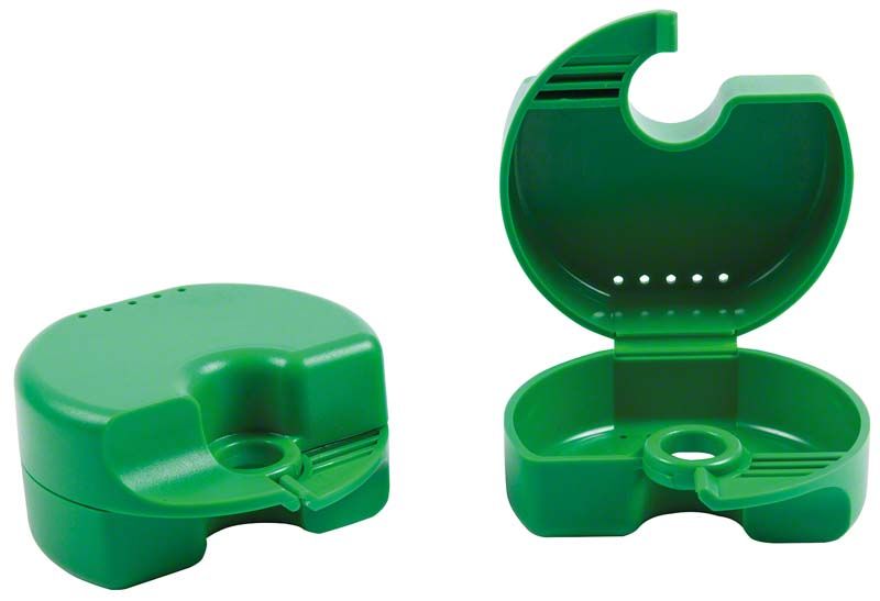 Grüne Quick-Box Gr. 1 geöffnet und geschlossen, rund mit oberen Löchern.