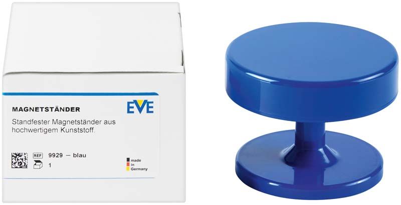 Standfester blauer EVE Magnetständer neben der Verpackung aus Kunststoff.