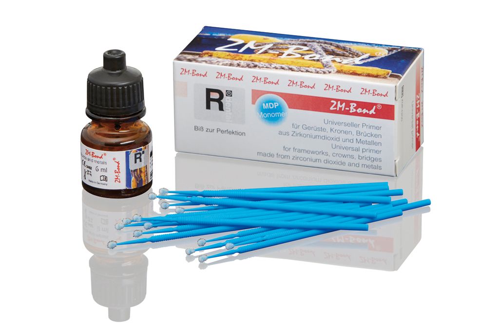 Flasche ZM-Bond® Primer mit blauen Applikatorstäbchen und Verpackung.