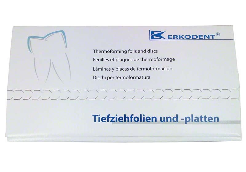 Verpackung der Erkodent Tiefziehfolien mit blauer Schrift und Zahnsymbol.