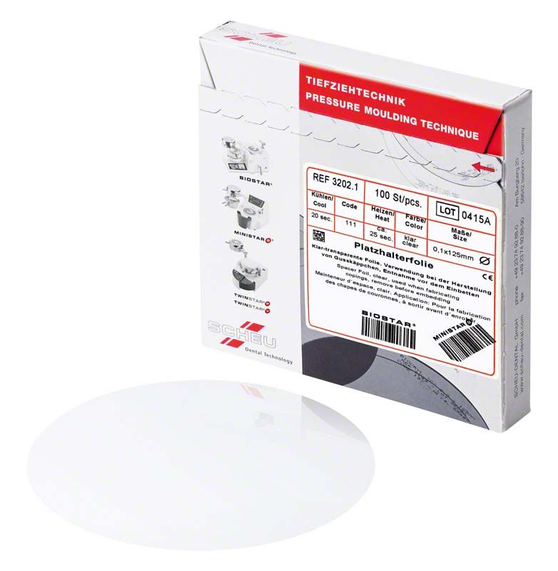 Verpackung der Platzhalterfolie mit technischen Details und Markenlogo.