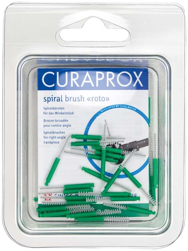 Verpackung der grünen CURAPROX CRA roto Interdentalbürsten für Winkelstück.