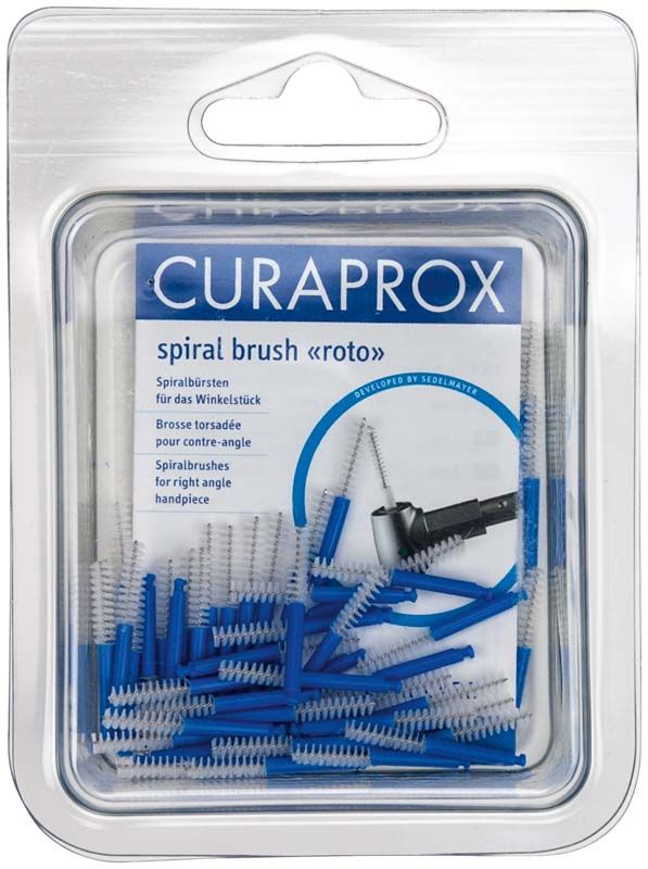 Verpackung der CURAPROX CRA roto CRA 12 mit blauen Spiralbürsten.