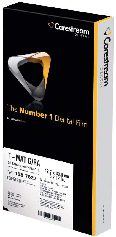 Kodak T-Mat G Röntgenfilm-Verpackung mit Carestream Dental-Logo.