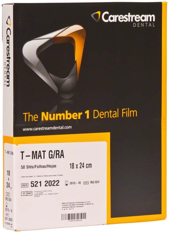 Verpackung des Kodak T-Mat G Röntgenfilms mit Carestream-Logo.