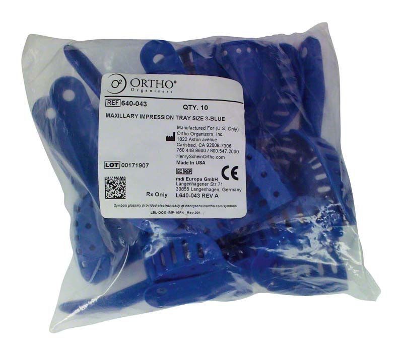 Kunststoff-Abformlöffel Gr. 3, blau, in transparenter Verpackung.