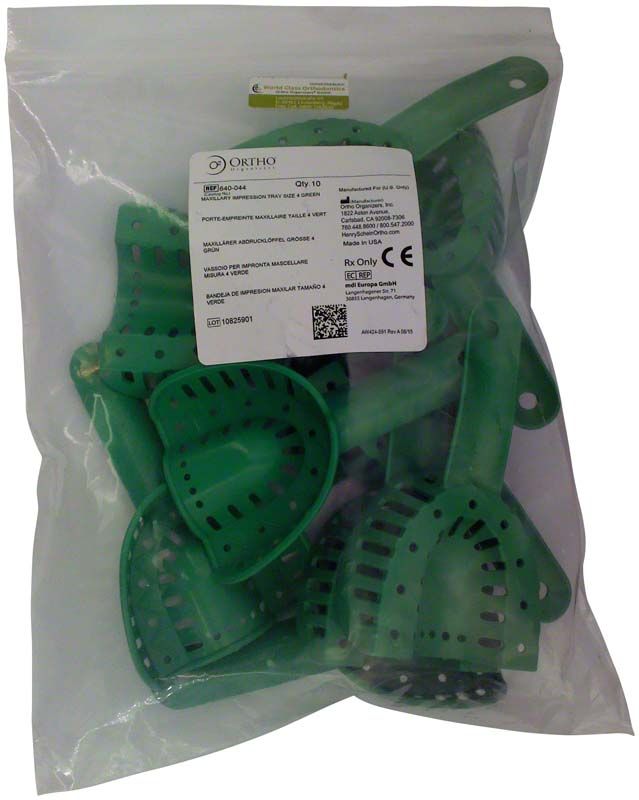 Grüner Kunststoff-Abformlöffel Größe 4 in Verpackung mit Etikett.