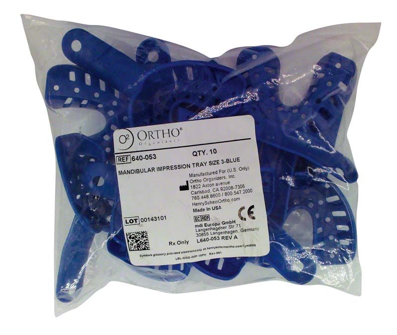 Blauer Kunststoff-Abformlöffel Gr. 3 in Verpackung für den dentalen Einsatz.