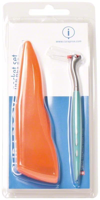 CURAPROX Pocket Set mit Interdentalbürste und orangefarbenem Etui in Verpackung.