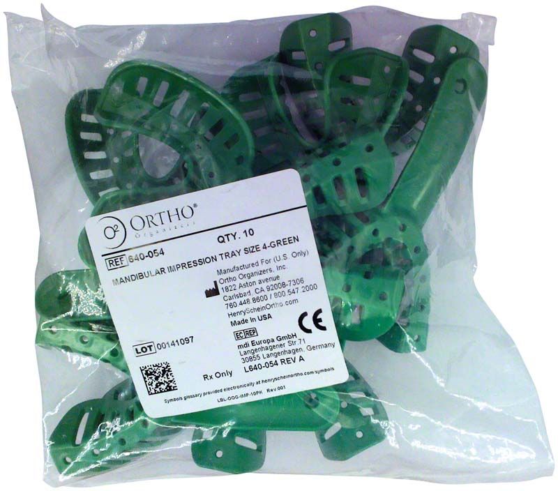 Kunststoff-Abformlöffel, grün, in transparenter Verpackung mit Etikett.