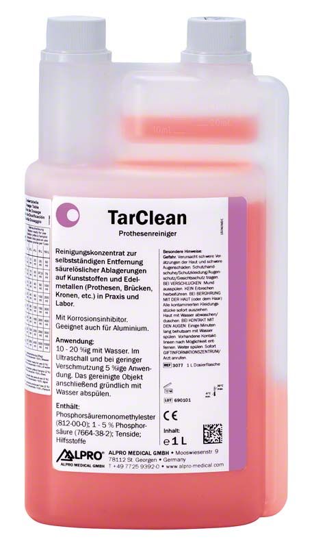 Zweikammerflasche mit Tarclean-Flüssigkonzentrat für zahnmedizinische Reinigung.