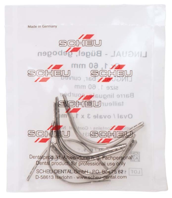 Lingualbügel aus Edelstahl in Verpackung mit Aufschrift "Made in Germany".