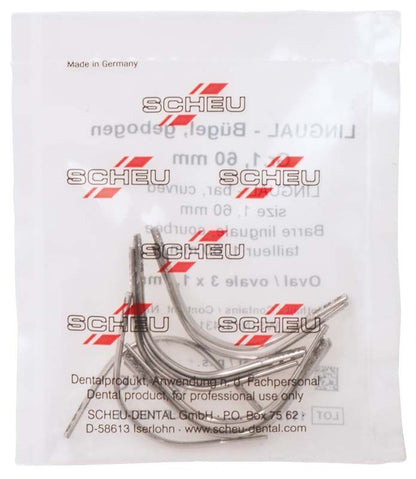 Lingualbügel aus Edelstahl in Verpackung mit Aufschrift "Made in Germany".