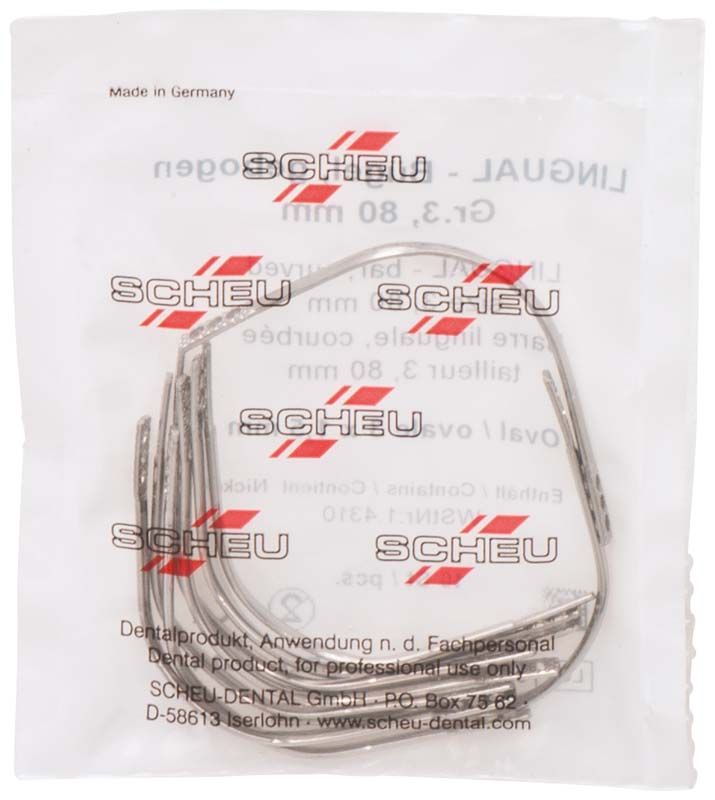 Lingualbügel aus Edelstahl in Verpackung mit Herstellerinformationen.