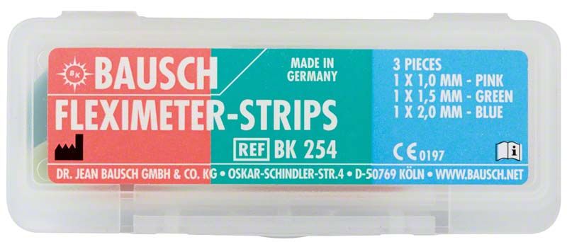 Fleximeter-Strips in Sortierbox mit Produktinformationen auf der Verpackung.