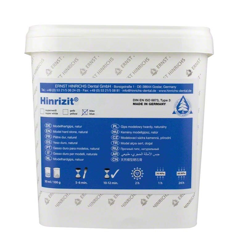 Hinrizit® blau Modellhartgips 5kg Eimer mit Produktinformationen auf Etikett.