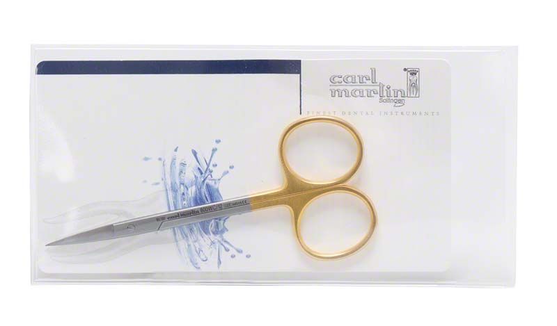 Zahnfleischschere mit Hartmetalleinlage, gerade, in Verpackung.