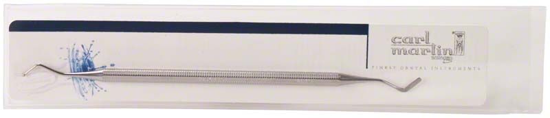 Zahnmedizinisches Kugel- und Spatelinstrument in transparenter Verpackung.