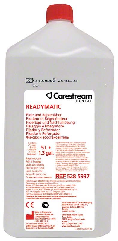 Carestream Dental Readymatic Fixierer in 5-Liter-Flasche mit rotem Verschluss.