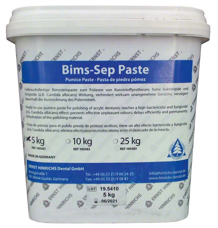 Bims-Sep Paste 5 kg Eimer mit blauem Etikett und Produktinformationen.
