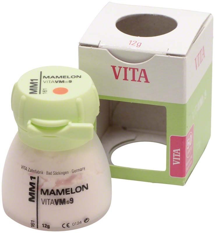 Mamelon VM9 MM1 Zahnkeramikpulver in 12g Dose mit Verpackung.