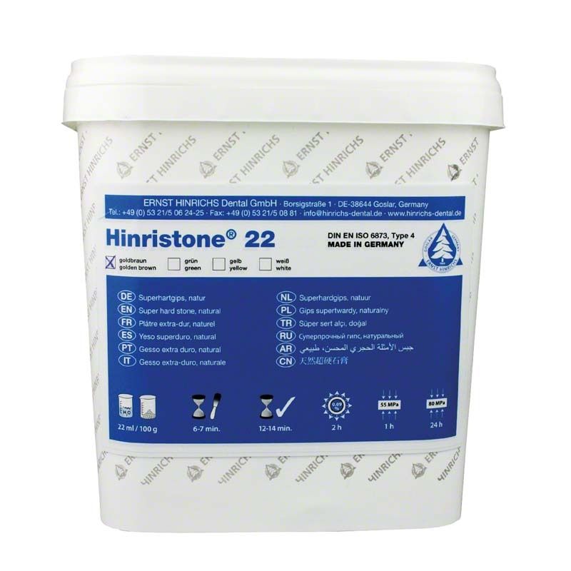 Hinristone® 22 goldbraun, 5kg Eimer mit blauer Etikettierung und Produktinformationen.