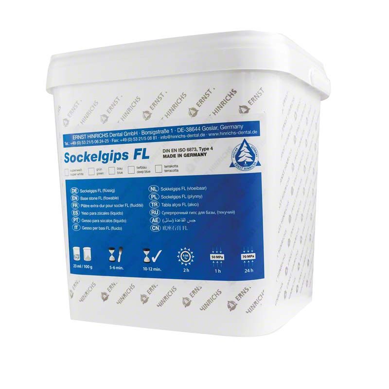 Sockelgips Flüssig blau 5 kg im weißen Behälter mit blauer Beschriftung.