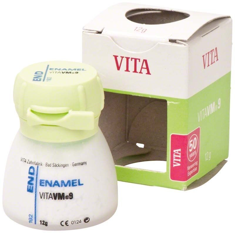 VITA VM 9 Enamel END 12g mit Verpackung im Hintergrund.